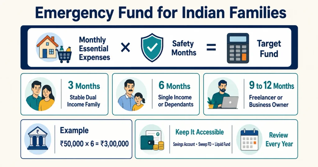 Emergency fund calculation and recommended savings months for Indian families