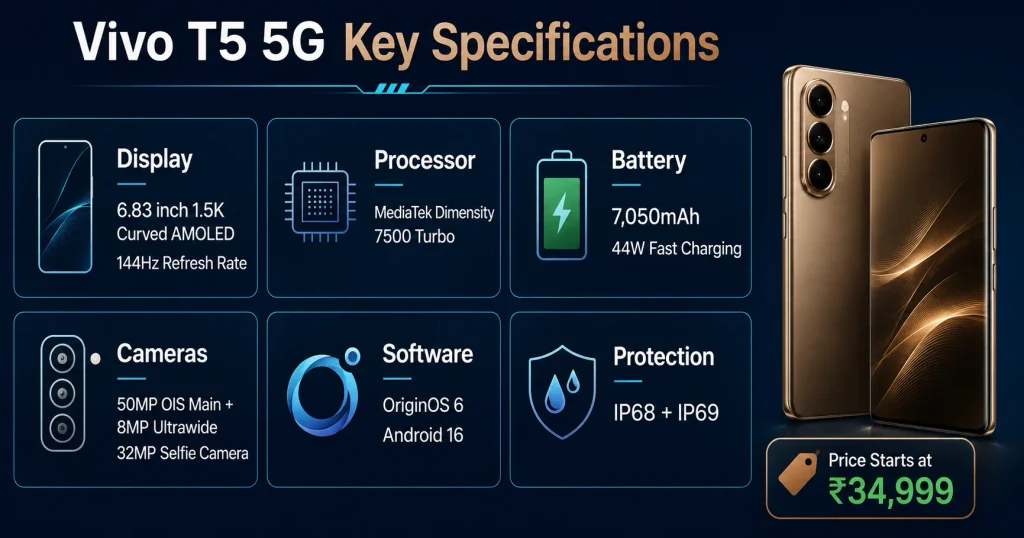 Vivo T5 5G display, processor, battery, cameras, software, protection and price